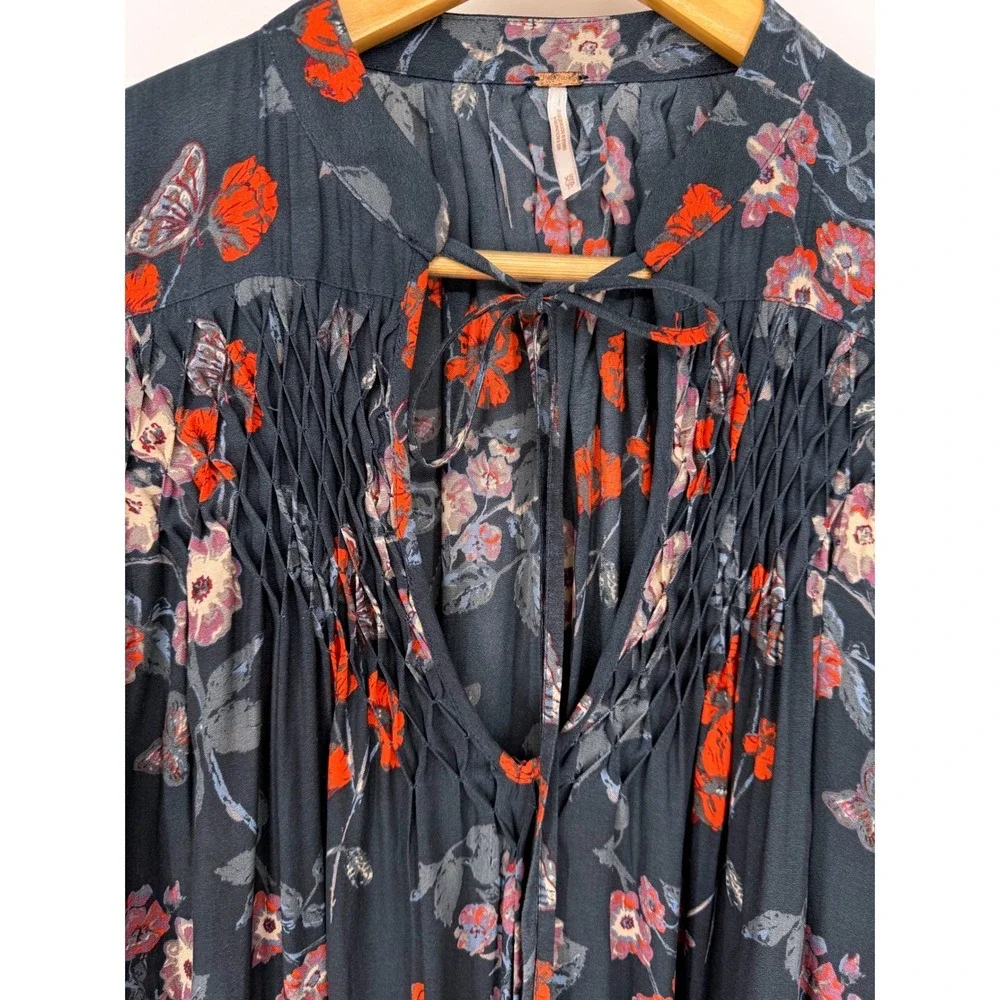 Free People Sheer Floral Butterfly Smocked Raw Lace Hem Tunic Top Blue XS Boho